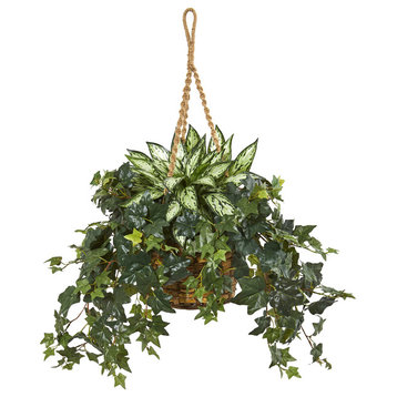 30" Silver Queen and Ivy Artificial Plant in Hanging Basket