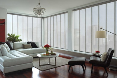 Large trendy open concept and formal dark wood floor and brown floor living room photo in Seattle with white walls and no tv