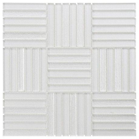 Modket White Glass Basketweave Parquet Mosaic Tile Wall Backsplash TDH376MG