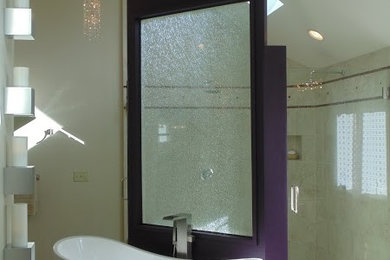 Example of a large minimalist master beige tile and ceramic tile ceramic tile bathroom design in Indianapolis with beige walls