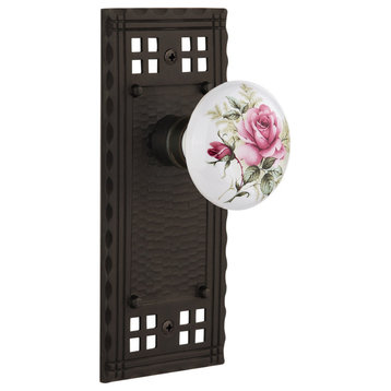 Single Craftsman Plate With Rose Porcelain Knob, Oil-Rubbed Bronze