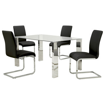 5-Piece Dining Set, Chrome Table With Black Chair
