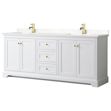 Avery 80" White Double Vanity, Carrara Cultured Marble Top, Gold Trim