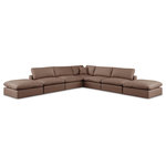 Meridian Furniture - Comfy Upholstered L-Shaped Modular Sectional, Brown, 7-Piece: 4 Armless Chair, 1 Corner Chair, 2 Ottoman, Vegan Leather - Give your space a whole new look with this brown Comfy vegan leather sectional. This handsome sectional fits nicely with other items in the Comfy collection and is a versatile seating option designed for adaptability, comfort and style. Wrapped in rich brown durable vegan leathered upholstery, this sectional offers a plush embrace of overstuffed down feather cushions, carefully crafted to deliver the highest level of comfort. The perfect seat for creating an oasis for relaxation, this sectional has thick foam surrounding its frame for added support and coziness.