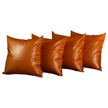 Set Of 4 Brown Faux Leather 17" Pillow Covers