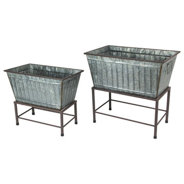 Set of 2 Galvanized Zinc Finish Metal Tub Planters On Stands