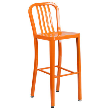 30" High Orange Metal Indoor Outdoor Barstool With Vertical Slat Back