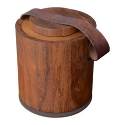 Staved Teak with Leather Handle Cylindrical Ice Bucket - Ice Tools And Buckets  