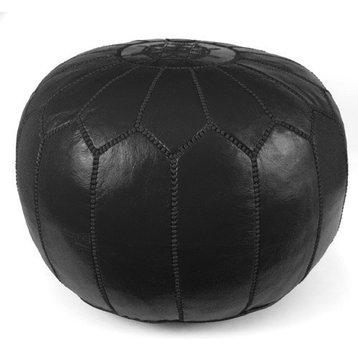 Moroccan Leather Stuffed Pouf, Black  With Black Stripes