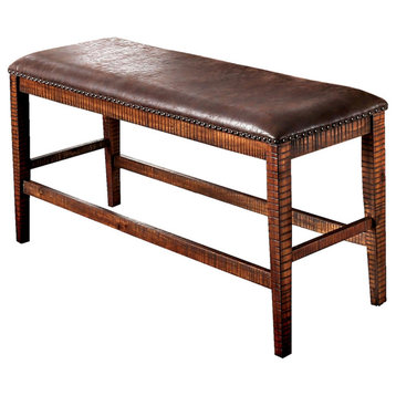 Wood And Faux Leather Counter Height Bench With Nailhead Trims, Brown