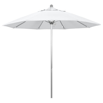 9' Silver Anodized Push Lift Fiberglass Rib Aluminum Umbrella, Olefin, White