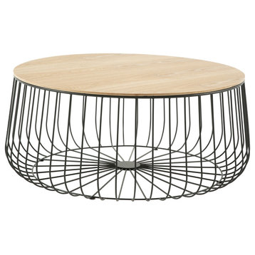 LeisureMod Runswick Round Coffee Table With Black Wire Steel Frame, Natural Wood