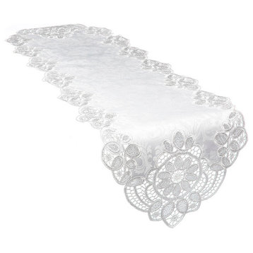 Antebella Lace Embroidered Cutwork Table Runner, White, 15"x53"