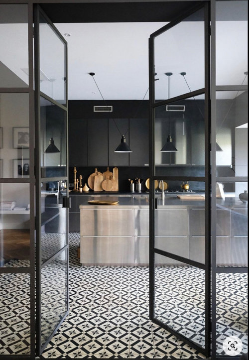 tiled floor for blue kitchen