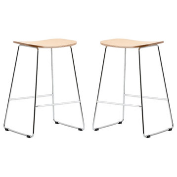 LeisureMod Melrose Modern Wood Counter Stool With Chrome Base Set of 2, Natural
