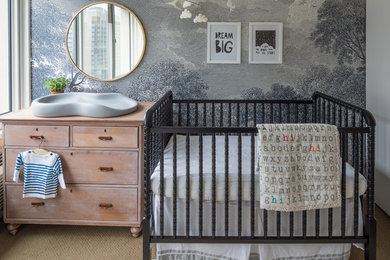 Inspiration for a large contemporary gender-neutral carpeted and brown floor nursery remodel in Chicago with multicolored walls
