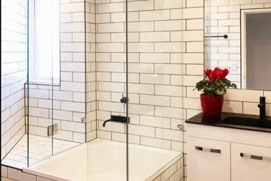 Small modern 3/4 bathroom in Melbourne with flat-panel cabinets, white cabinets, a corner shower, white tile, grey walls, engineered quartz benchtops, white floor, an open shower, a single vanity and a freestanding vanity.