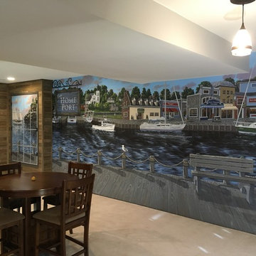 New England Harbor Town Mural, hand painted throughout a lower level