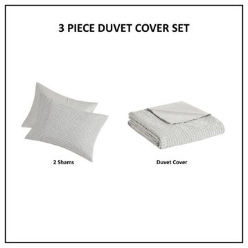3 Piece Striped Seersucker Oversized Duvet Cover Set Full/Queen, Gray