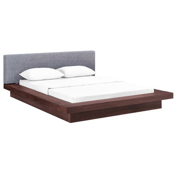 Modway Freja Queen Wood Polyester Fabric Platform Bed in Walnut/Gray