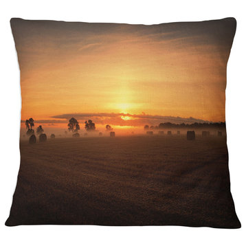 Sunrise at Farmland Bales Landscape Printed Throw Pillow, 18"x18"