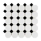 11.5"x11.5" Victorian Octagon Mosaic Tiles, Set of 10, White/Black