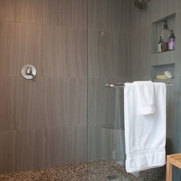 Master bath with enlarged shower and espresso bamboo vanity