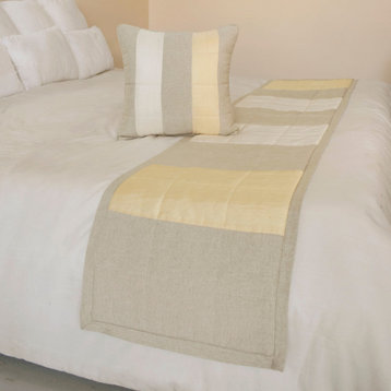 Decorative Beige Linen & Silk Twin 53"x18" Bed Runner, Patchwork Quilted -Alikka