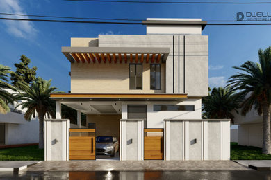 Foto de fachada de casa gris y roja moderna de tamaño medio de dos plantas con tejado plano y tejado de teja de barro