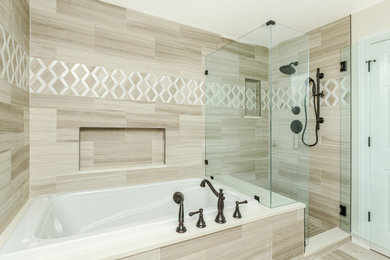 Doorless shower - mid-sized traditional master beige tile and stone tile double-sink doorless shower idea in Denver with a hot tub, a drop-in sink, granite countertops, beige countertops and a built-in vanity