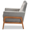 Perris Mid-Century Grey Velvet Upholstered and Brown Finished Wood Lounge Chair
