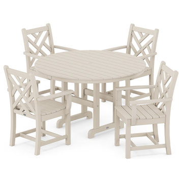 Polywood Chippendale 5-Piece Round Farmhouse Arm Chair Dining Set, Sand