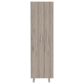 Tall Pantry Cabinet, 2 Doors With Silver Knobs & Inner Shelves, Light Grey/White