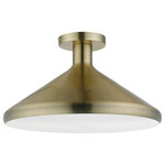 Livex Lighting - Livex Lighting 1 Light Antique Brass Semi-Flush Mount - Featuring a clean and crisp modern look, the Geneva 1-light flush mount makes a contemporary statement with the smooth cone shape of its antique brass finish exterior. A gleaming shiny white finish on the interior of the metal shade brings a refined touch of style.