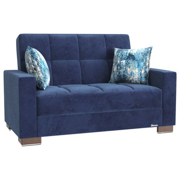Unique Sleeper Loveseat With Tufted Seat, Blue Microfiber