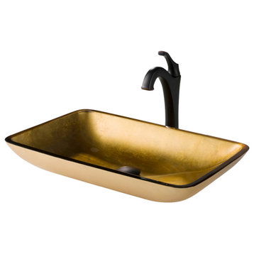 Glass Vessel Sink, Bathroom Arlo Faucet, PU Drain, Mounting Ring, Oil Rubbed Bronze