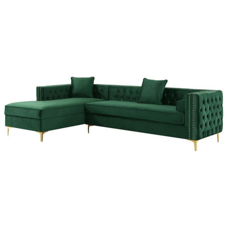 Levi Sofas Hunter Green Velvet 70L x 115W x 30H Gold Nailhead Trim Button Tufted