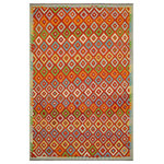 Bareens Designer Rugs - Boho Chic Turkish Kilim Le Hand-Woven Wool Rug - 8'3'' x 11'5'' - Elevate the elegance of your home with this stunning hand-woven tribal Kilim wool rug. Meticulously crafted on a loom by the Nomad Turkman people using hand-spun wool and 100% natural vegetable dyes, these rugs are recognized for their repetitive geometric patterns, incorporating naturalistic floral and traditional designs. The contemporary fashion palette results in bold, sharp patterns that are incredibly versatile, as the pattern is the same on both sides. These reversible rugs feature a lighter shade on one side and brighter colors on the other, providing versatility according to preference. These unique rugs are made by knotting short strands of different colors onto the warps and securing them by tightly pressing the wefts. The designs are created by interweaving the various colored wefts and warps. Kilims are known for their exceptional durability and versatility, making them truly unique rugs.  Product Details    Rug Size: 8'3'' x 11'5''  Material: 100% Wool  Style: Kilim, Flat Weave, Dhurrie, Turkish, Southwestern, Rustic, Tribal  Colors: Rust, Blue  Weave Type: Hand-Woven, Handmade  Pile Height: Less than 0.25 inch