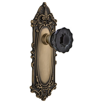 Victorian Plate Single Dummy Crystal Black Glass Knob, Antique Brass
