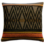 Pillow Decor Ltd. - Pillow Decor - Kilim Country 19 x 19 Tapestry Throw Pillow - This more coarsely textured cotton blend tapestry throw pillow does well to imitate the feel of a traditional heavy kilim weave. A deep black and green zigzag pattern is framed by lighter horizontal stripes in ochre, rust and deep red. This rich tones of the pillow would make it an ideal accent in a lake house, country home or any setting that needs the warm grounding effect of these deep earthy tones. It is backed with a black cotton canvas fabric.