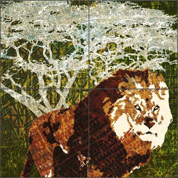 Ceramic Tile Wild Savannah - Lion by Aurelia Manouvrier, 12"x12", 6" Tiles