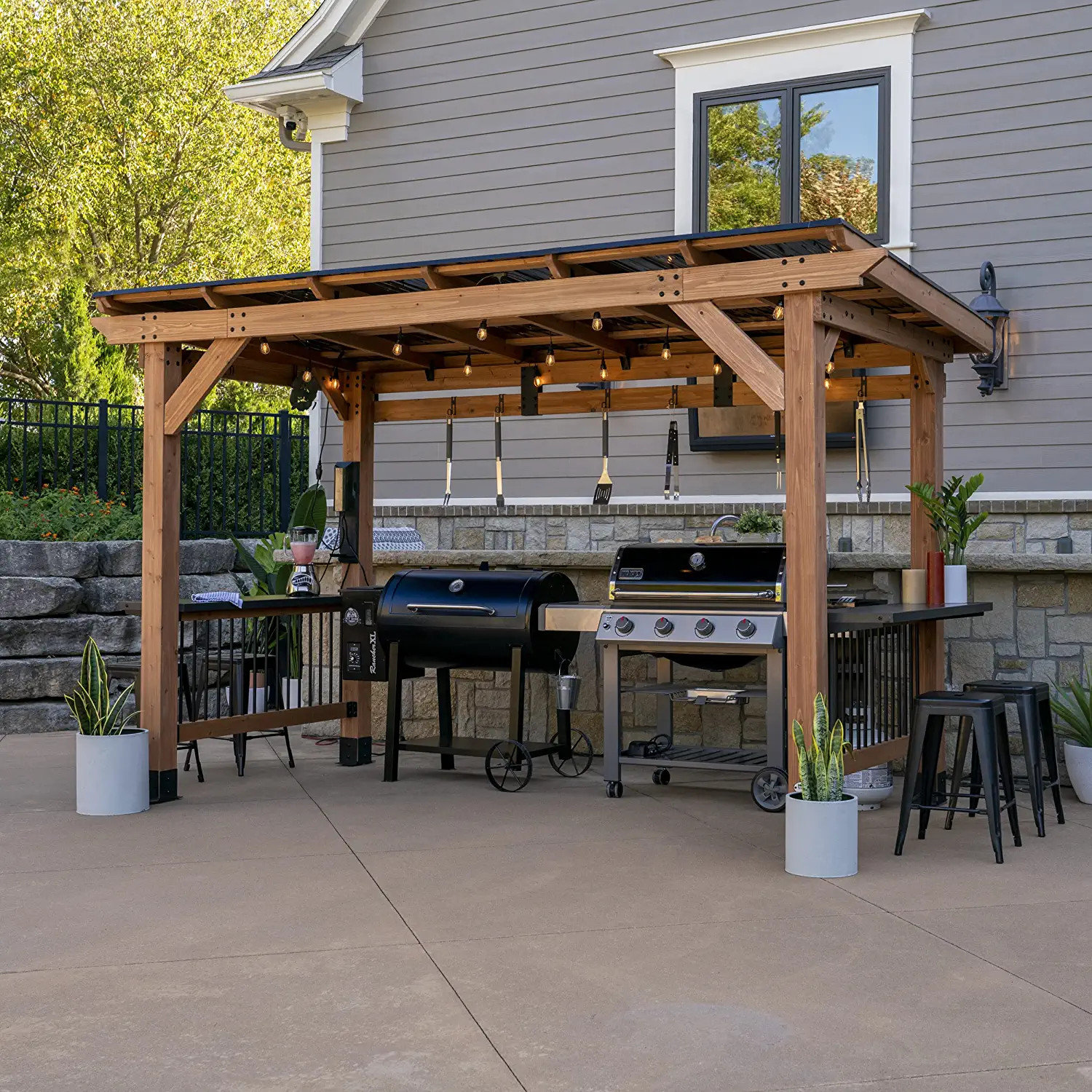 Transitional Patio Pergola, Built In Steel Countertops & Electrical/USB ...