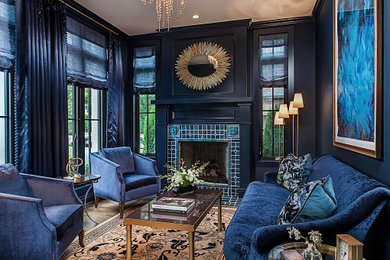 Sunroom - transitional medium tone wood floor sunroom idea in Detroit with a standard fireplace