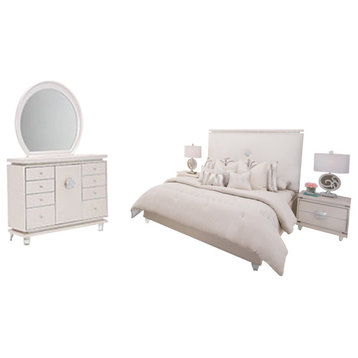 Aico Amini Glimmering Heights 5 PC Cal King Bedroom Set w 2 Nightstand in Ivory