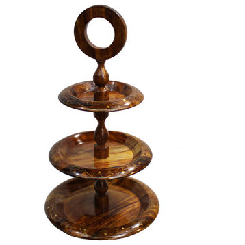 Natural Geo Rosewood Decorative Tiered Stand With Golden Brass Inlay