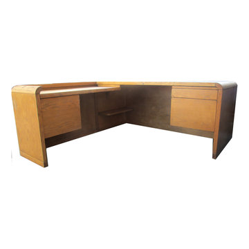 Oak Minimalist Reception Mid Century Modern Desk with Return