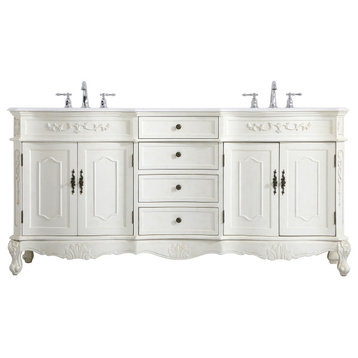 72" Double Bathroom Vanity, Antique White With Ivory White Engineered Marble