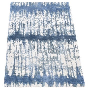 Ivory/Blue Cardiac Design Silk With Textured Wool Hand Knotted Mat Rug 2'1"x3'1"
