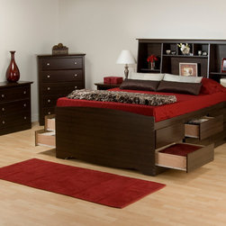 Prepac Espresso 4PC Double Size Bedroom Set with Tall Bookcase Headboard - Bedroom Furniture Sets