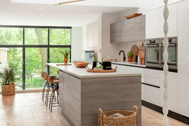 Light wood floor kitchen photo in Toronto with white cabinets, black appliances and an island